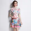 Boutique Girl Printed Short Sleeve Bow Dress 2024 Summer Trendy High end Fashion Women's Ruffle Edge Dress