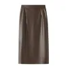 REALEFT Autumn Winter PU Faxu Leather Women Mi-long Wrap Skirts High Waist Back Split Sheath Pencil Sexy Skirt Female 220317