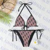 Brown Womens Swimsuit Beach Bikini Letter Print Bathing Suits V Neck Ladies Swimwear Set