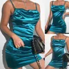 Sukienki swobodne pasek spaghetti niebieski mini sukienka kobiety seksowne body bandage impreza slash szyja satynowa jedwab