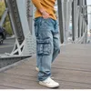 Mode Tidvattenbyxor Hip Hop Oversized Wide-Ben Jeans Män Lösa Skate Denim Byxor Baggy Fickor Plus Storlek Ljusblå Manlig Clthing Bottoms