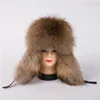 Berets Outdoor Winter Warm Natural Murs Bomber Hats Quality Real Raccoon Cap Man Женщины овчины кожаная ветрозащитная H11