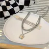 Kedjor Fashion Double-Layer Silver Color Long Chain Necklace For Women Geometric Square Pendant Punk Statement smyckespresent