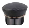 HOUSE007 New Women British Faux Leather Beret Cap With Metal Chain Girls Casual Cotton Cap Flat Navy Hat Gorros J220722