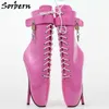 Sorbern Black Patent Ballet Stilettos Boots 발목 고 여성 신발 크로스 묶인 레이스 업 숙녀 부츠 큰 크기 44 부티 활주로