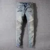 Jeans para homem jeans mens de super magro de motociclista slim joelho rasgado rock rock angustiado de retalhos de retalhos de retalhos de rua