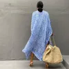 Kadın mayo mavi seksi bikini örtbaslar rahat uzun kollu ayak bileği uzunluk kemer kimono elbise kadın plaj giymek mayo kapak