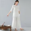 Этническая одежда в китайском стиле 2 куски женских нарядов Cheongsam Top + Широкие брюки для ног набор Tang Elegant Two Summer 30795