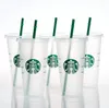 Starbucks 24oz/710ml Plastik Kupalar Tumbler Deniz Kızı Tanrıçası Yeniden Kullanılabilir Açık İçme Düz Alt Sütun Şekli Kapak Saman Kupaları Ücretsiz