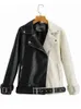 Fitaylor 2022 Spring Autumn Women Faux Leather Jacket Lokomotiv Black White Splicing Pu Coat Loose Punk Style Outwear With Belt L220728