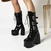 Boot Ribetrini Plate-forme Bloc Talons Hauts Mode Femmes Bottes Chauve-Souris À Lacets Sexy Élégant Automne Goth Punk pour Dames Chaussures 220325