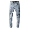 Man blauwe broek magere slanke jeans gescheurd fit cult biker moto hiphop street mode voor jonge heren jongens stretch klinknagel patch rechte verf been denim lange trendy rits