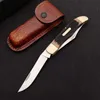 Ny 250T Folding Blade Kniv 7CR17MOV Satin Två bladhartshandtag Utomhus EDC Pocket Knivar med lädermantel