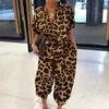 Sexig V-ringknapp Lace-up Jumpsuit Summer Short Sleeve Loose PlaySuit Overall Women Elegant Leopard Print Pocket Rompers W220427