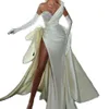 Luxe Pearl prom -jurken met afneembare trein Hoge gesplitste satijnen avondjurken Elegant op maat gemaakte feestjurk