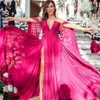 Pink Formal Evening Dresses With Wrap Deep V Neck Prom Dresses Side Split Chiffon A Line Celebrity Dress