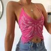 Women's Tanks & Camis Y2K Sexy Women Crop Tops Pink Halter Sequins Butterfly V Neck Tank Top 2022 Fashion Cute Summer 90s Corset Female