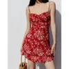 TVVovvin Korean Girl's Red V-hals Floral Thin High midja Ruffled Tank Dress Holiday Short Fashion Women Dresses Camisole FQ04 220521