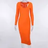 CNYISHE Mode Neon Orange Langarm Midi Kleider Frauen Sexy Bodycon Mantel Kleider Weibliche Party Engen Kleid Casual Vestido Y220413