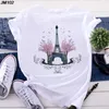 Moda Parigi Torre Eiffel Stampa Top T-shirt da donna T-shirt estiva sottile da donna Harajuku Casual manica corta bianca femminile