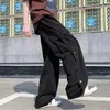 Männer Baumwolle Cargo Hosen Harajuku Stil Gerade Casual für Solide Große Taschen Lose Breite Bein Design Hosen 220810