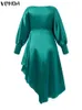 Party Satin Slik Robes Vonda Women 2022 Casual O Neck Long Lantern Sleeve Solid Mid-Calf Dresses Lady Oversize Holiday Sundress Y22477