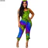 Kvinnor Summer Bohemian Black Hole Tie Dye Print Hooded Cut Out Back Jumpsuit Sexig Romper PlaySuit 5 Color Glals118 210302