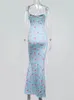 Asia Summer Woman Blue Floral Dress Sexig rygglös ärmlös Bandage Ruched Maxi Dresses For Women Party Chic Lady Clothes 220511