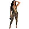 Sexy Club Jumpsuits Womens V Neck Bodycon Clubwears Kvinna Multi Pattern Print Onies Zip Up Slim Long Catsuits Playsuits