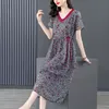 8626# YM Neue Sommer Frauen Casual Kleider V-ausschnitt Kurzarm Druck Gürtel Schnürung Up Damen Lose Mode Kleid M-XXXL