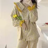Sweet Plaid Pyjama Ställer in kvinnor långärmad knapp topp elastisk midja byxor lösa lounge hemkläder söta hösten ruffles pajamas 2 st l220803
