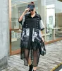Designer Women Summer Black Casual Chiffon Shirt Dress Cartoon Pockets Half Sleeve Plus Size Female Midi Party Club Dress Robe One Size
