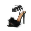 Sandals Big Size 34-43 Open Toe Blue Green Sexy Party Wedding Heels Ankle Cross Strap Women Gladiators With Faux Fur Feather