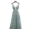 Sexy V-neck Evening Dress Robe De Soiree High Quality Gray Tulle With Appliques Dresses Long Dress Vestido