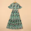 Summer Short Sleeve Mid-Calf Dress V Neck Green Floral Print Chiffon Beading Paneled Elegant Casual Dresses 22Q151632 Plus Size XXL