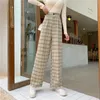 Eenvoudige vintage plaid causale lange vrouwen broek straat mode rechte wijde beenbroek 220325