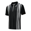 Men's T-Shirts Men Shirt Short Sleeve Stripe Slim Casual Zip Turn-down Collar Male Tops Summer Clothing Streetwear