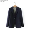 Zevity Women Fashion Once Button Navy Blue Fitting Blazer Coame Office Business Femme Overwear Chic Tops CT687 210603