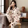 Kvinnors Pajamas Vår Höst Sleepwear Set Långärmad Cardigan Lapel Stickad Hem Kläder 2PCS Suit Plus Storlek 5XL Pijama 220329