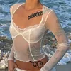 Allneon Fashion Y2K Lace Trim Mesh Crop Tops 90s Resthetics Patchwork Square Devin