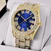 Zegarek luksusowy złoty rzymski bling hip hop pełny lodowany zegarek kwarc niebieski diament zegarki srebrne diomand reloJ de diamantes thun22