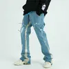 Farbblock bemalt Streetwear Kordelzug Jeans Männer ausgefranste Seite Band lose lässige Denim-Hose Hip Hop Haruku Paar Hosen 220720