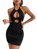 Casual Dresses Bodycon Mini Dress For Women Solid Color Hollow-Out Sleeveless Halter Black Short DressesCasual