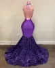 2022 Purpurowy świecący koronki Suknie Seksowne Sexy Backless Halter Głębokie V Neck African Girls Mermaid Cekiny Długie Kobiety Formalne Wieczorowe Party Suknie