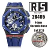 RS Factory Watches RSF 26405 Boîtier en céramique de 44 mm Cal.3126 / ETA7750 Chronographe automatique Montre pour homme Cadran bleu fumé Bracelet en caoutchouc Montres-bracelets pour hommes