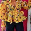 여성 블라우스 탑 셔츠 인쇄 된 꽃을 뚫고 Peplum Sexy V Neck Long Lanter Lantern Sleeves 노란 가을 패션 레이디 Bluas 220516