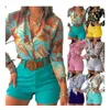 Digitaal bedrukte blouses voor dames Casual opstaande kraag Lange mouw Cop Top chiffon overhemden of stevige shorts HK888