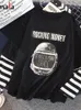 Harajuku Kadın T-Shirt Sonbahar Kadınlar Uzun Kollu T-Shirt Rahat Mektup Baskılı Patchwork Şerit Üst Boy Siyah Streetwear 220321