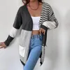 Chaquetas de mujer Cárdigan de frente abierto para mujer Bloque de color a rayas Manga larga Suéter de punto de otoño Prendas de abrigo Gris oscuroMujer