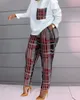 Kvinnors tvåbitar byxor Vrouwen Lente Herfst Casual Losse 2 Delige Set Trekkoord Ontwerp Zakken Plaid Print Lange Mouwen Top Broek